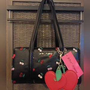 Betsey Johnson Cherry Shoulder Bowler Bag Purse Black NWT